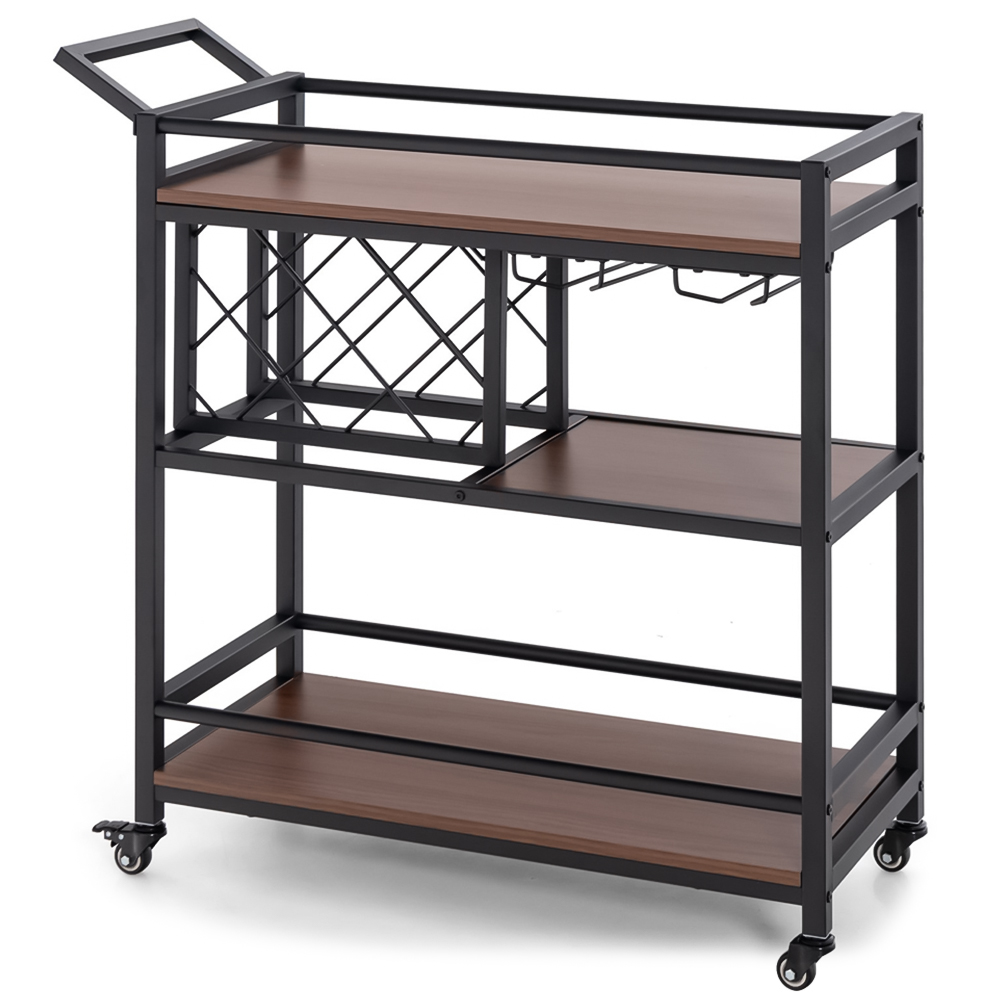 Costway 3 Shelf 8 Bottle Walnut Bar Serving Cart with Wine Racks Image 1