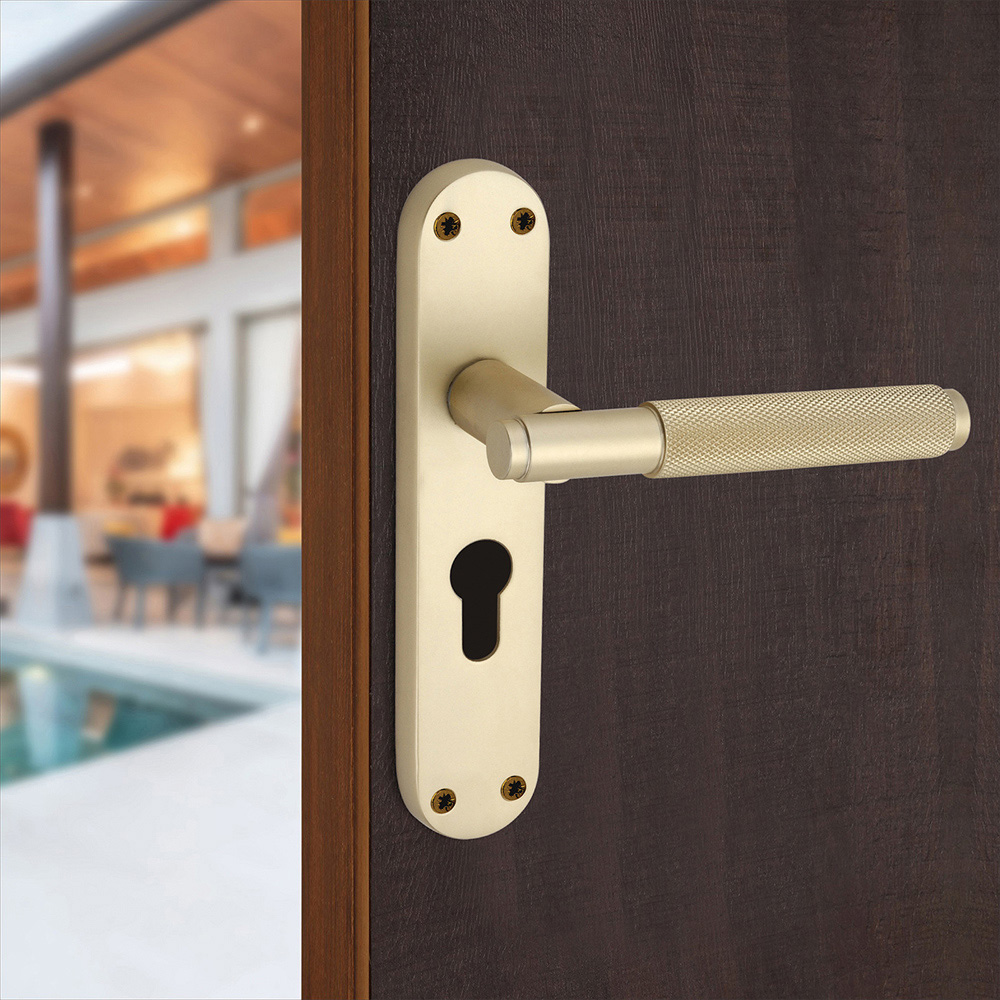 Spira Brass Connaught Satin Brass Knurled Lever Door Handle with Euro Backplate 2 Pack Image 2