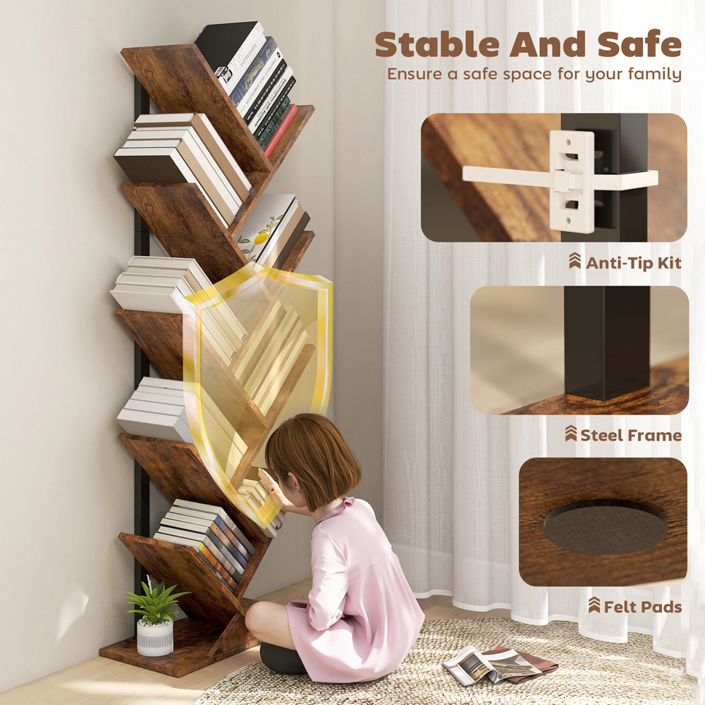 HOMCOM 8 Shelf Rustic Brown Steel Frame Tree Bookshelf Image 5