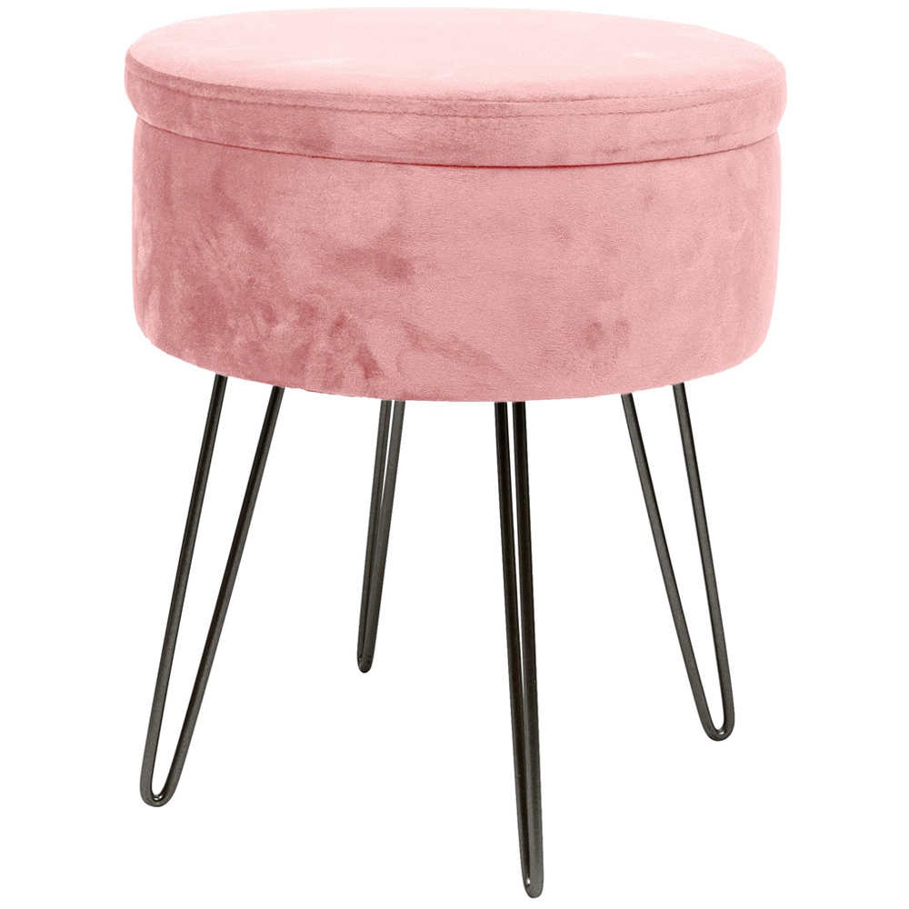 Harbour Housewares Pink and Black Velvet Round Footstool with Storage Image 2