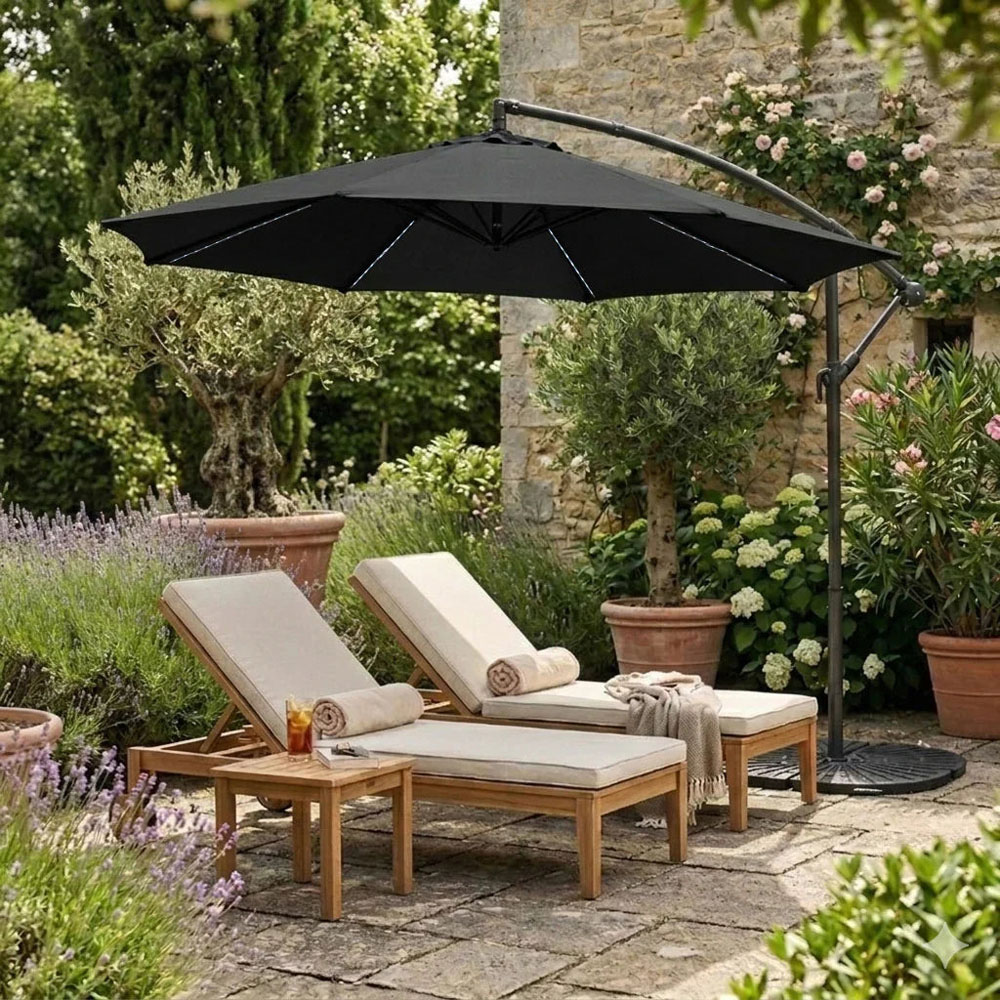 MonsterShop Black LED Cantilever Parasol with Full Fan Base 3m Image 2
