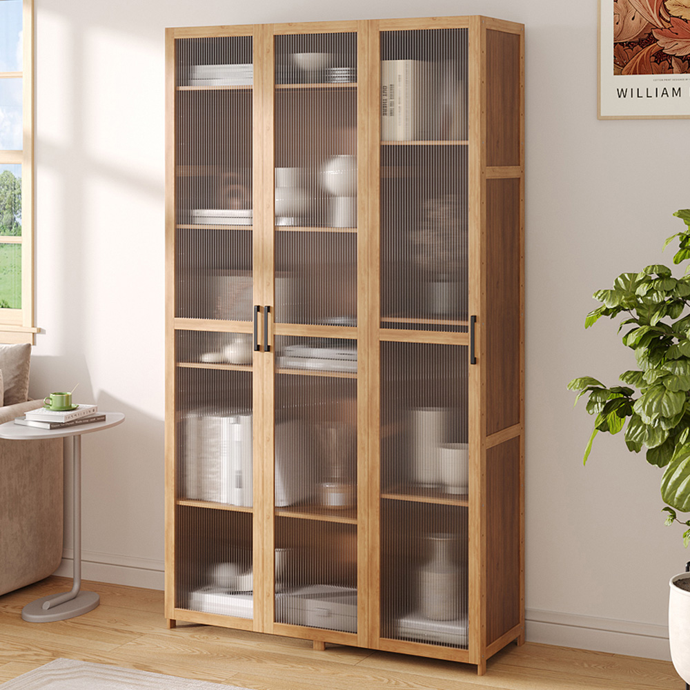 Living and Home 3 Door Brown and Natural Tall Acrylic Storage Cabinet with Adjustable Shelves Image 1