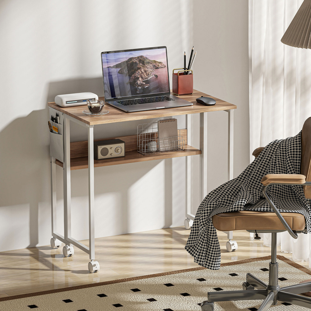 HOMCOM Single Shelf Foldable Computer Desk with Wheels and Side Bag Natural Image 7