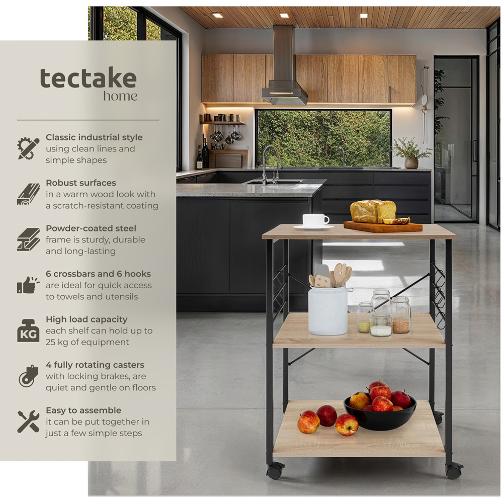 Tectake Rugby 3 Shelf Oak Sonoma Drinks Trolley with Hooks Image 3