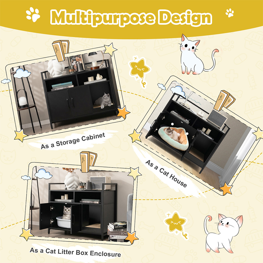 Costway Black Wooden Cat Litter Box Enclosure with Scratching Board Image 6