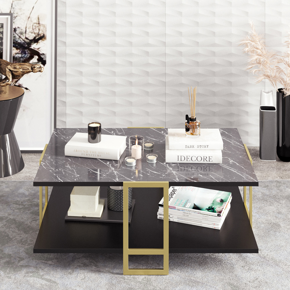 Decorotika Polka 2 Tier Black Marble and Gold Coffee Table Image 4
