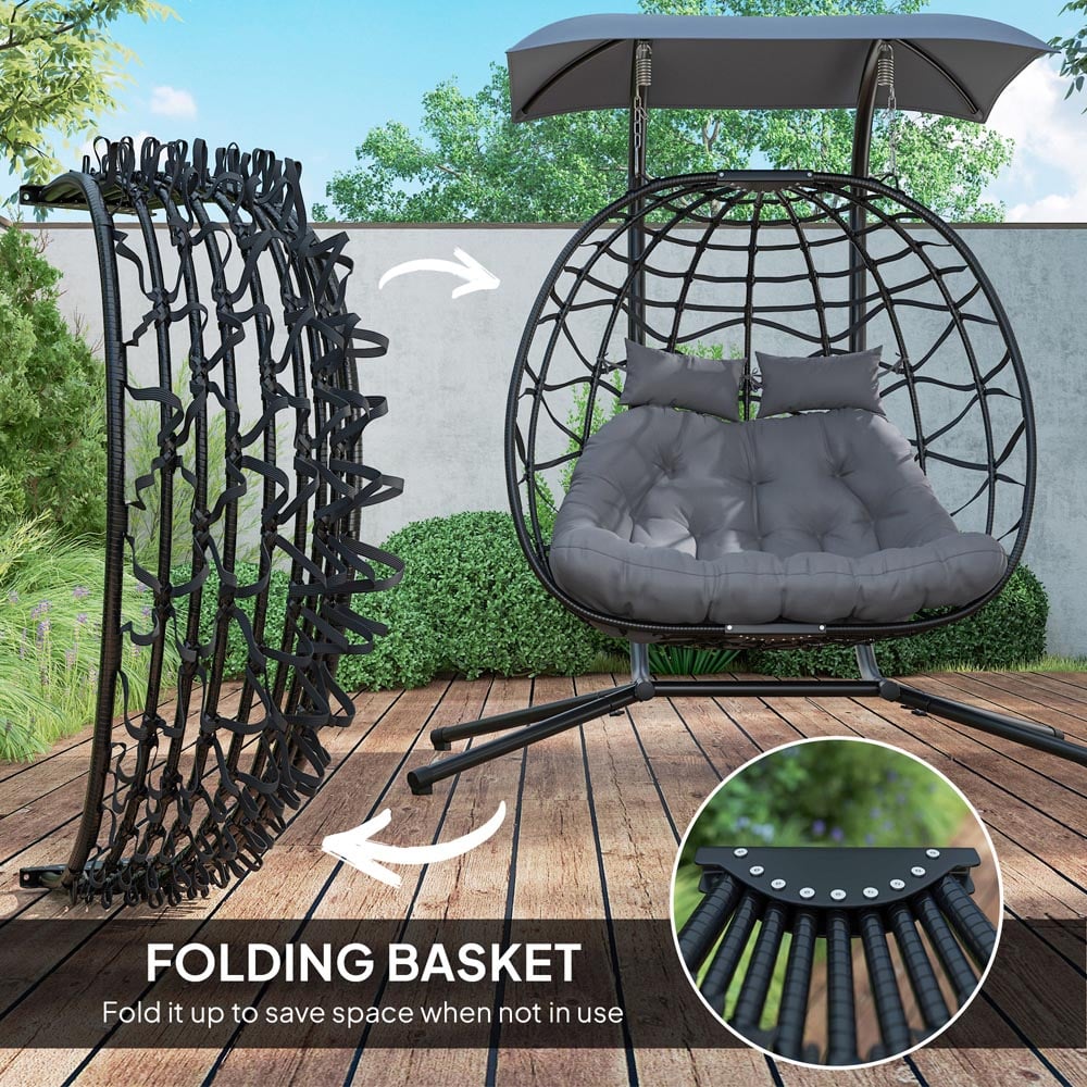 Outsunny 2 Seater Black Rattan Hanging Egg Chair with Canopy and Cushion Image 7