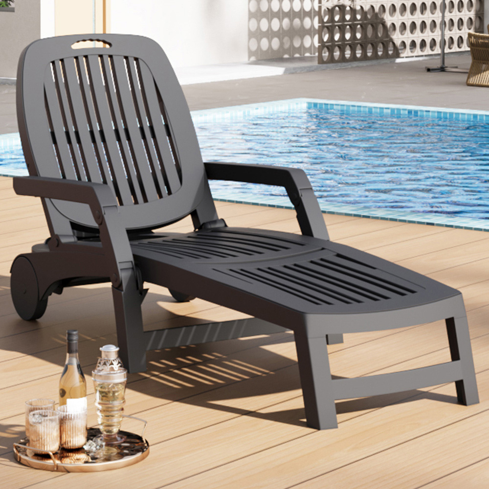 Living and Home Black Adjustable Folding Lounge Chair Recliner with Wheels and Storage Box Image 1