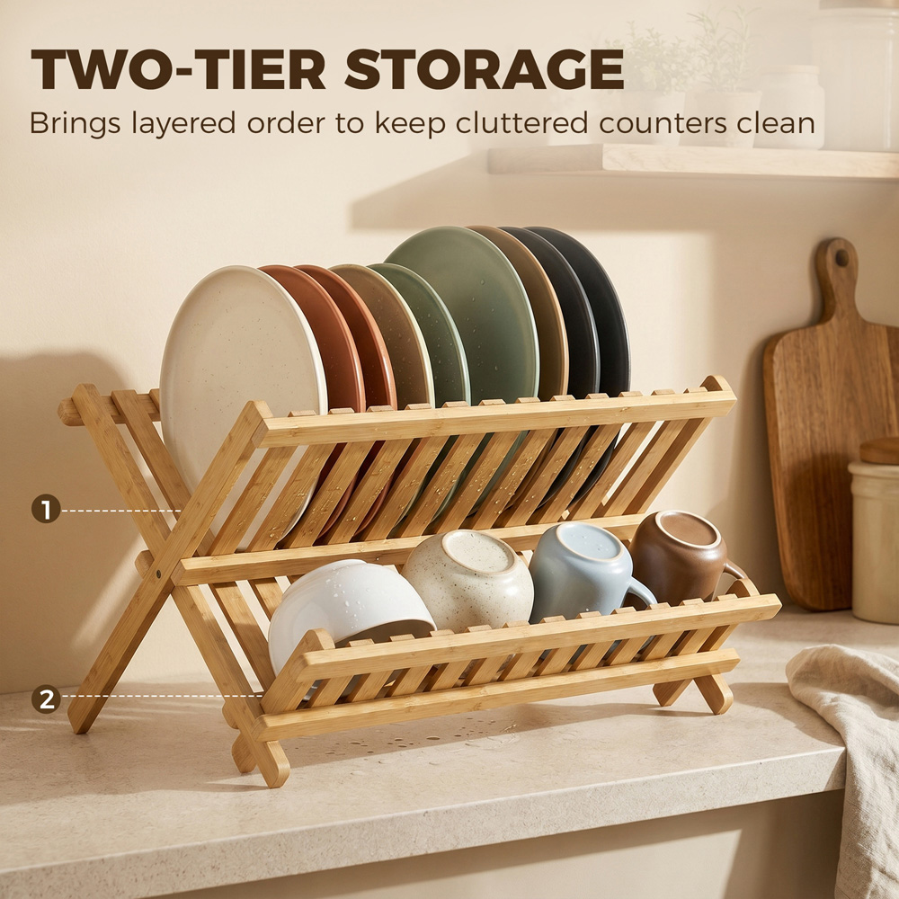 HOMCOM 2-Tier Natural Foldable Kitchen Storage Unit with Slatted Draining Shelves Image 7