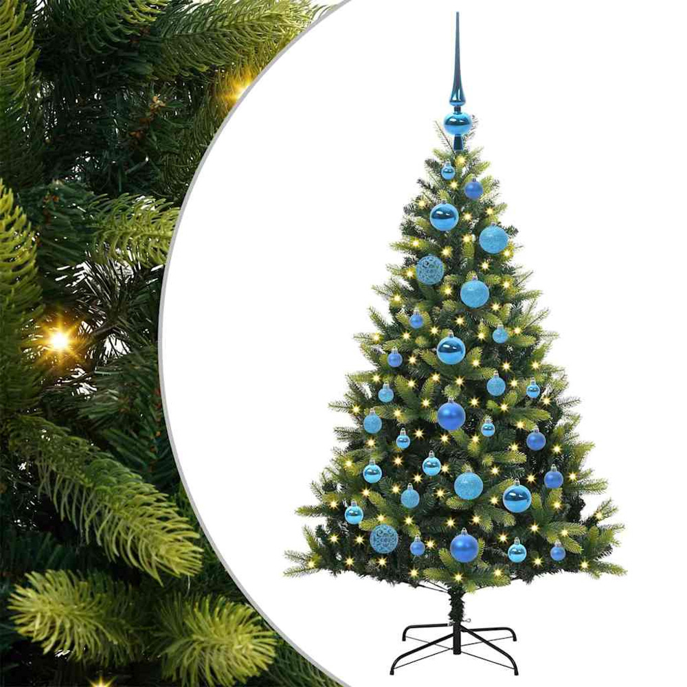 vidaXL Pre-Lit Blue Baubles Green Artificial Hinged Christmas Tree 4ft Image 2