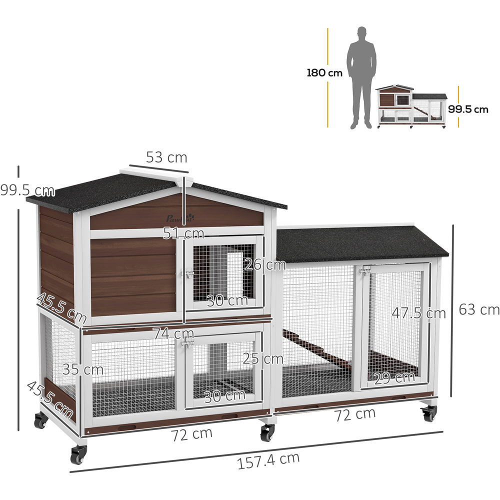 PawHut Brown Wooden Pet Hutch with Wheels Image 5