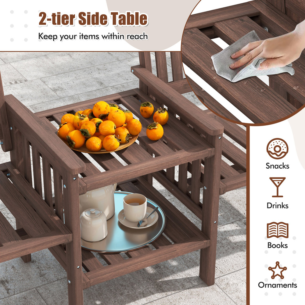 Costway 2 Seater Fir Wood Outdoor Loveseat and Side Table Set Brown Image 6