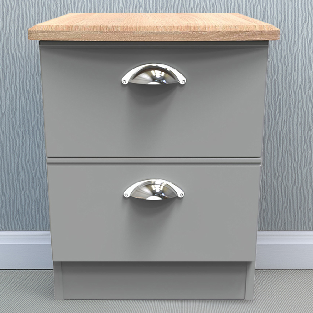 Crowndale Victoria 2 Drawer Dusk Grey and Oak Compact Bedside Cabinet Image 1