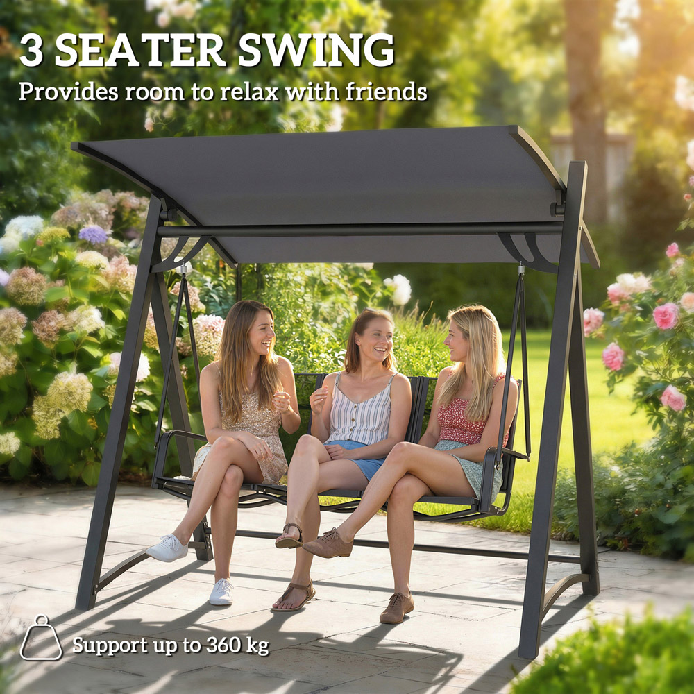 Outsunny 3 Seater Grey Garden Swing Chair with Adjustable Canopy Image 4