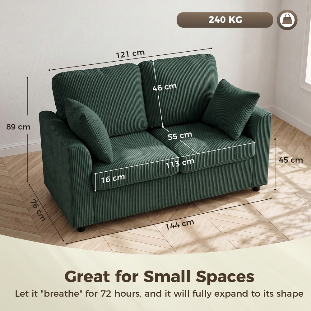 HOMCOM 2 Seater Dark Green Corduroy Upholstered Small Couch Sofa with Spring Cushion Image 7