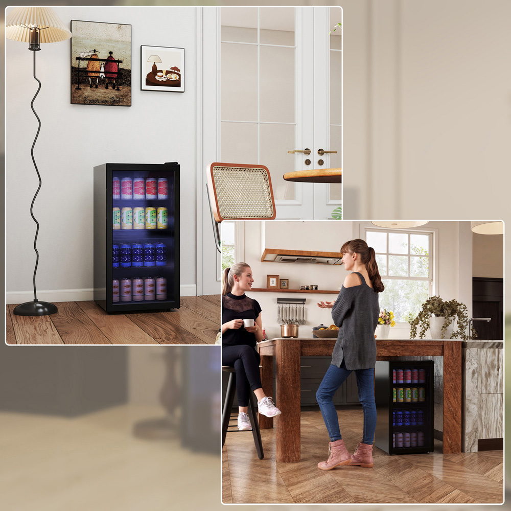 HOMCOM Black 115 Can Under-Counter Freestanding Wine Fridge with LED Glass Door 93L Image 3