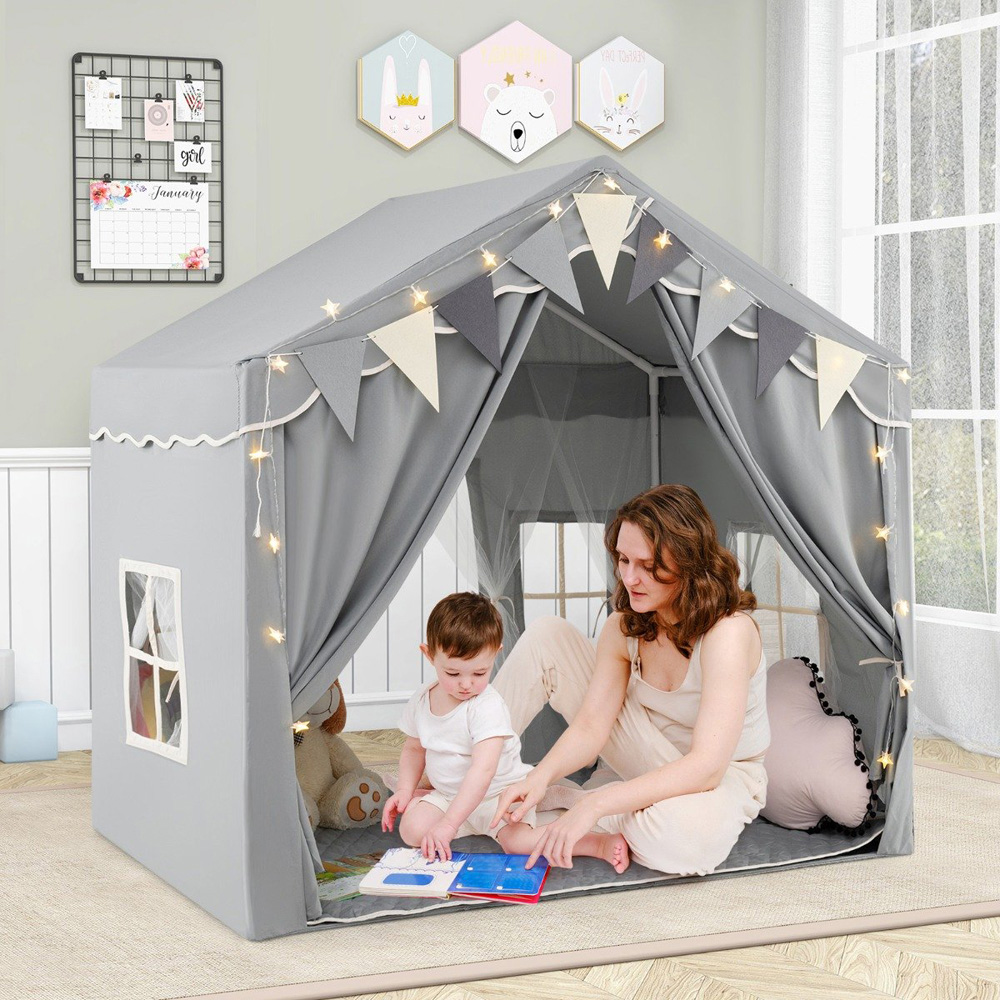 Costway Kids 2 Door Grey Large Tent House Play Set Image 2
