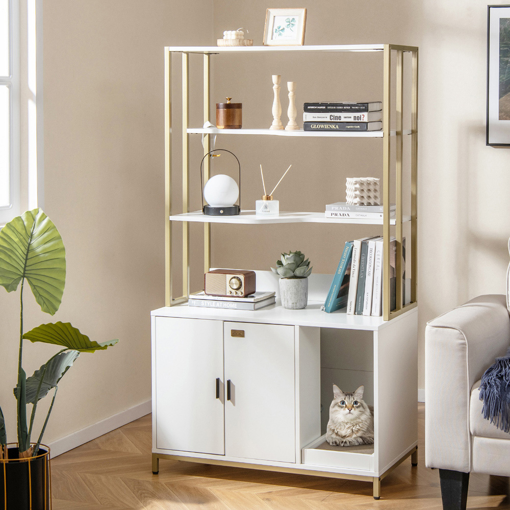 Costway White Cat Litter Box with Shelves Image 4