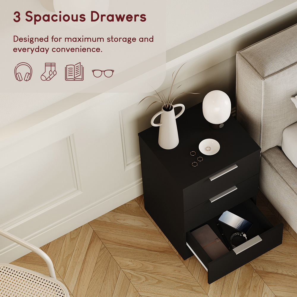 VIDA DESIGNS Trega 3 Drawer Black Bedside Cabinet Set of 2 Image 5
