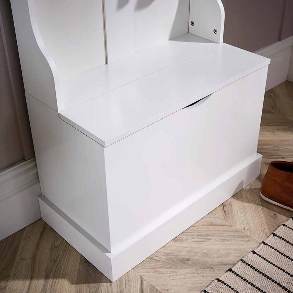 Home Source Lincoln White Coat and Shoe Storage Bench with Hooks Image 3