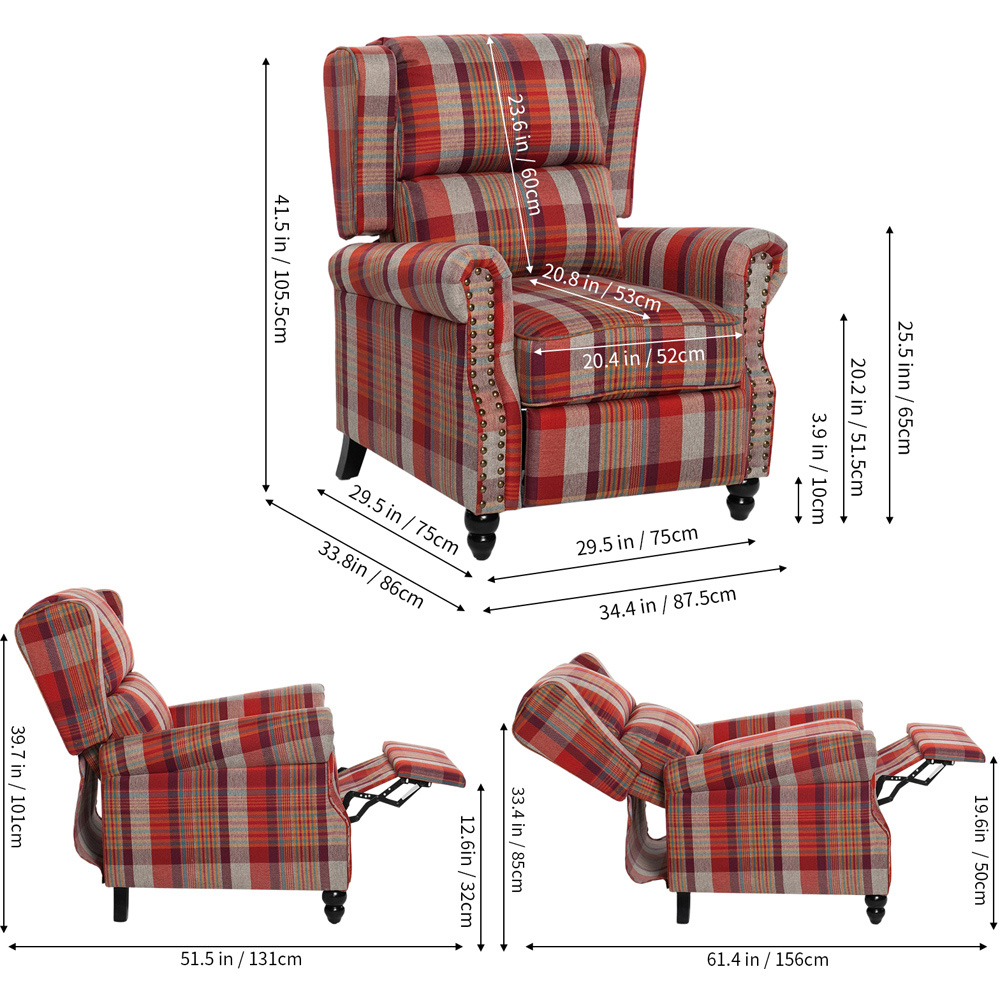 Living and Home Red Plaid Wingback Recliner Armchair with Adjustable Backrest and Footrest Image 9