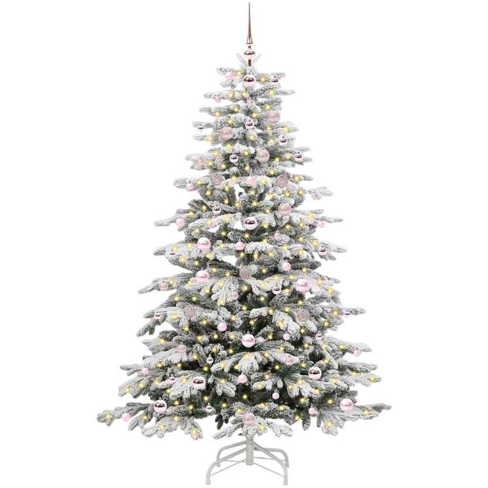 vidaXL Pre-Lit Pink Baubles White Artificial Snow Flocked Christmas Tree 6ft Image 1