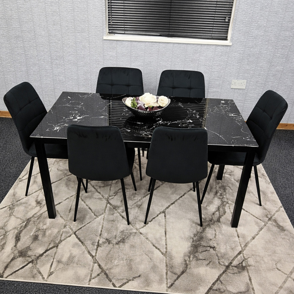 Portland 6 Seater Velvet Tufted Marble Effect Tabletop Dining Set Black Image 1