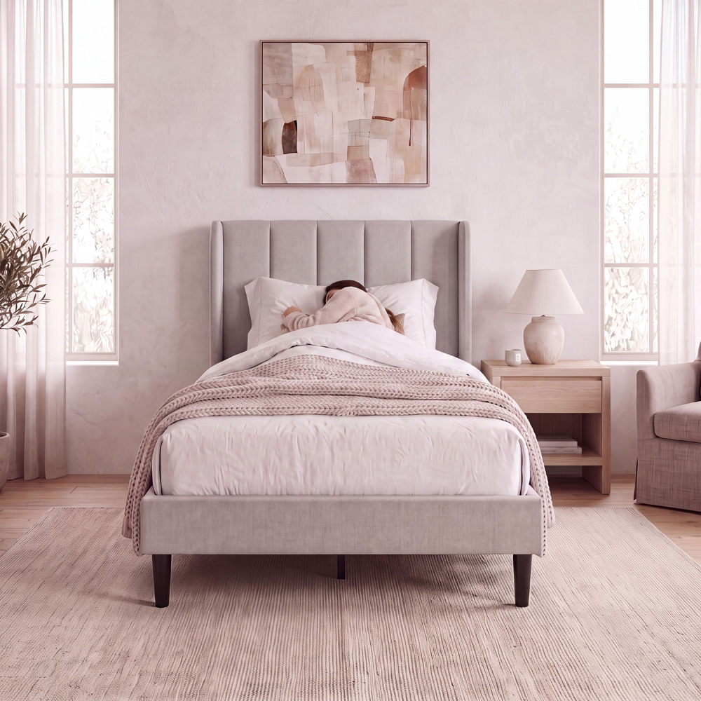 VIDA DESIGNS Vianna Single Beige Linen Fabric Bed with Memory Foam Bonnell Spring Mattress Image 3