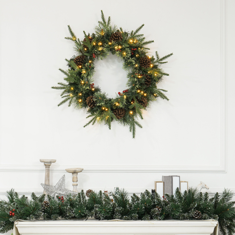 Everglow Green Christmas LED Wreath with Pine Cones and Red Berries 60cm Image 2