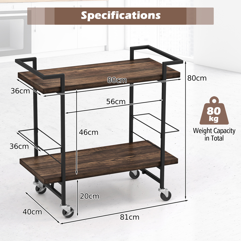 Costway 2 Shelf Rustic Brown Home Bar Cart with Lockable Wheels Image 9