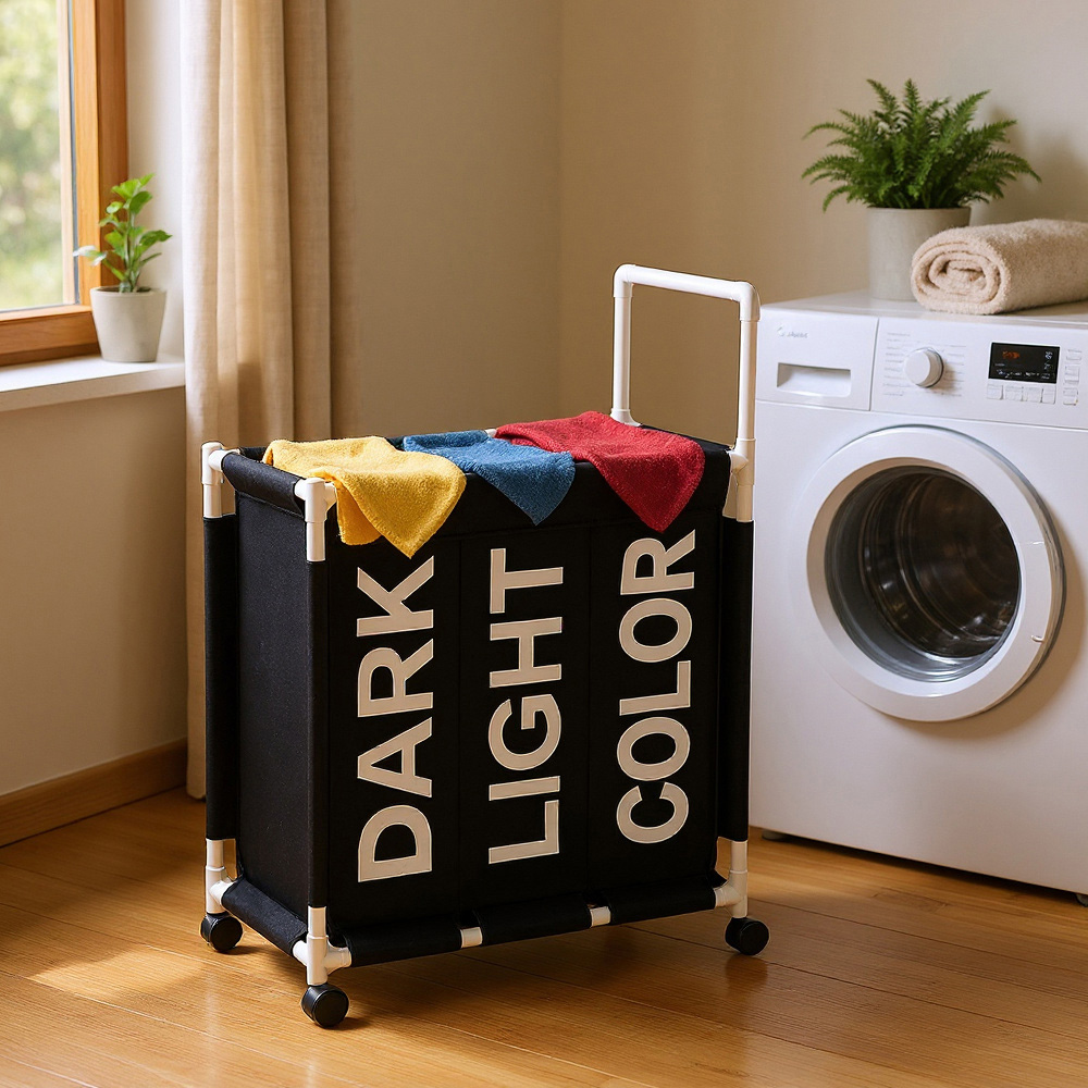 Living and Home 3 Compartment Black Laundry Basket with Wheels 110L Image 2