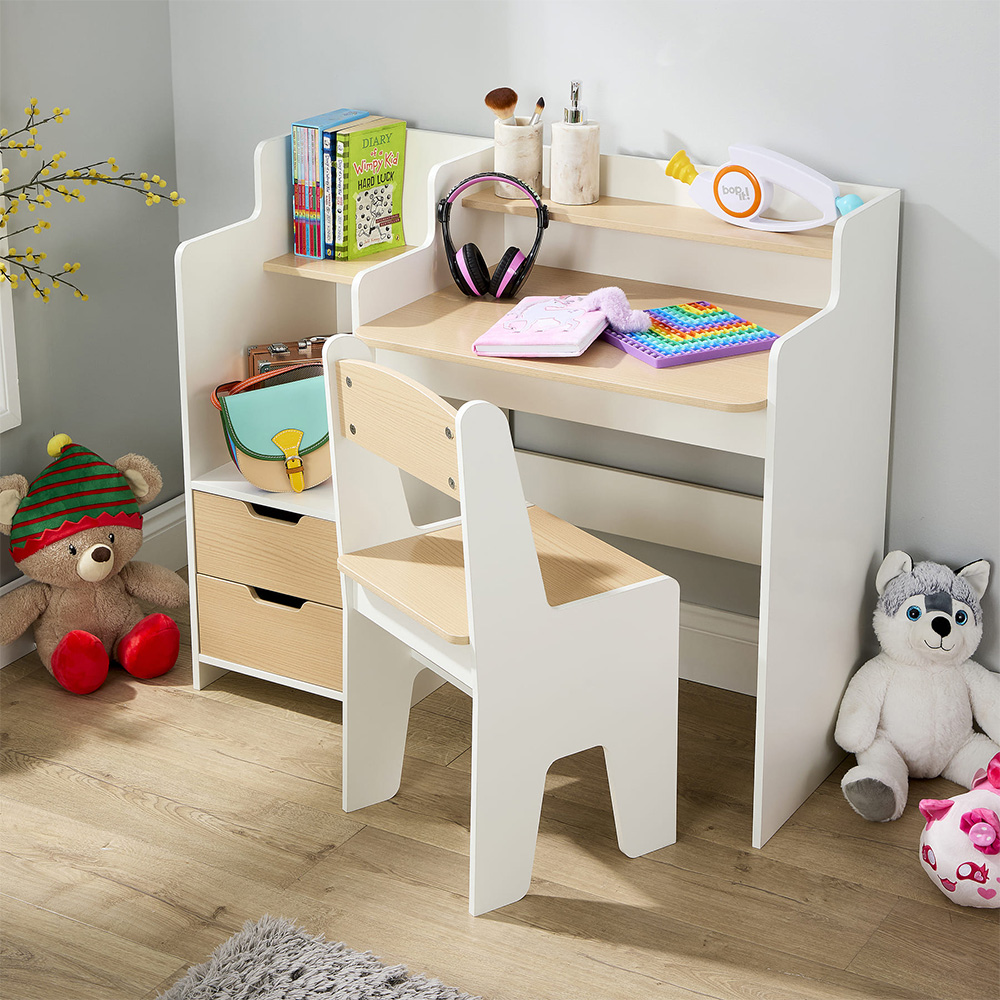 Home Source Scribbly 2 Drawer 3 Shelf White and Wood Effect Kids Study Desk Set Image 3