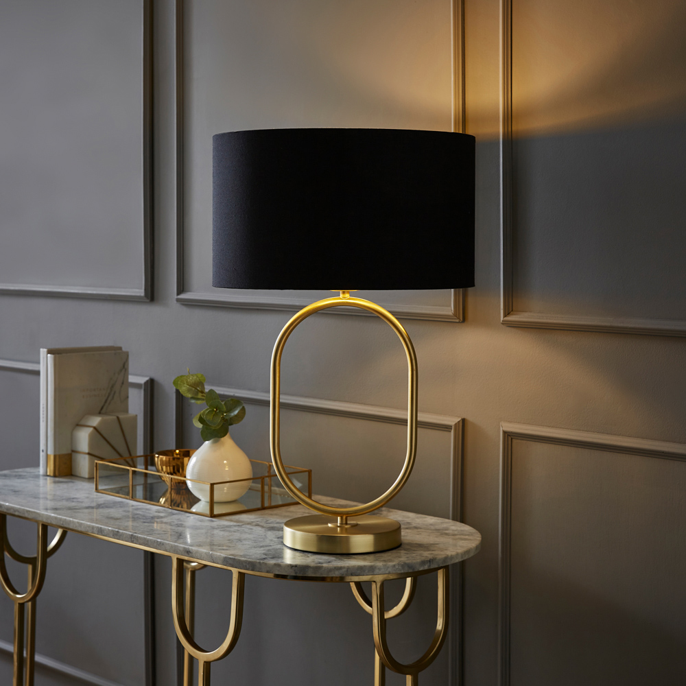 ValueLights Antonia Black with Gold Inner Drum Shade Brushed Gold Oval LED Table Lamp Image 2
