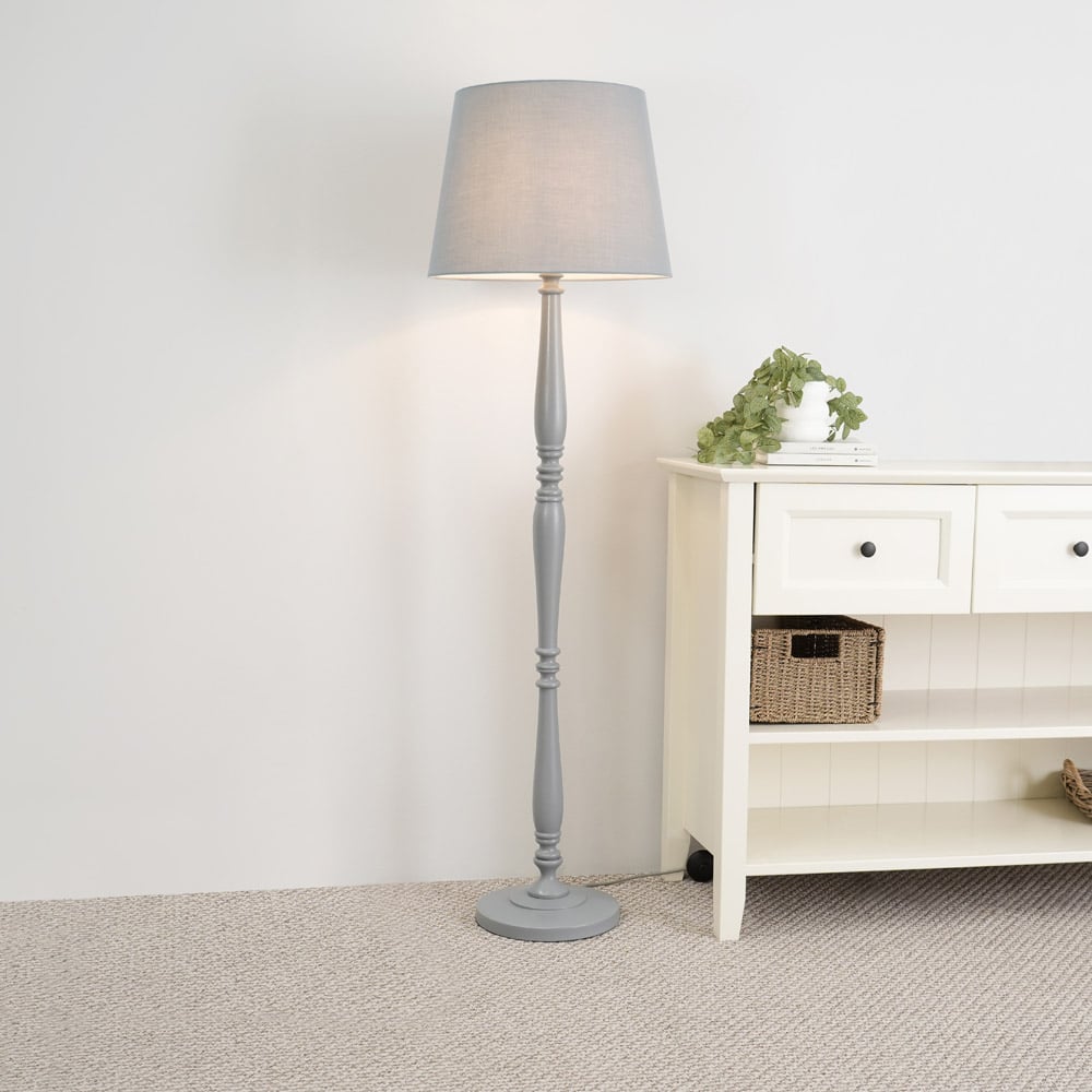 ValueLights Victoria Grey Fabric Tapered Shade White Wood Traditional Stem LED Floor Lamp Image 2