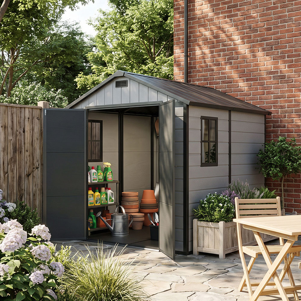 Living and Home 8 x 8ft Smokey Grey and Black Wood Grain Plastic Apex Storage Shed Image 7
