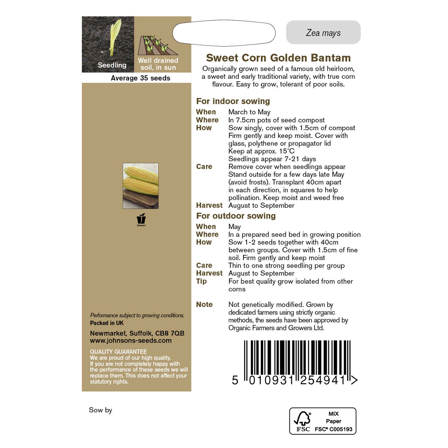 Johnsons Organic Golden Bantam Sweet Corn Seeds Image 3