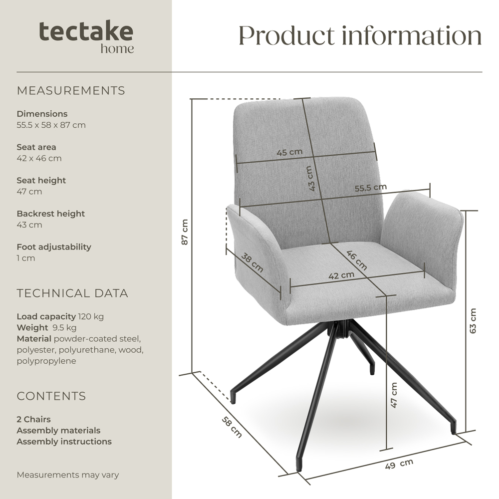 tectake Daya Set of 2 Light Grey Upholstered Swivel Chair Image 9