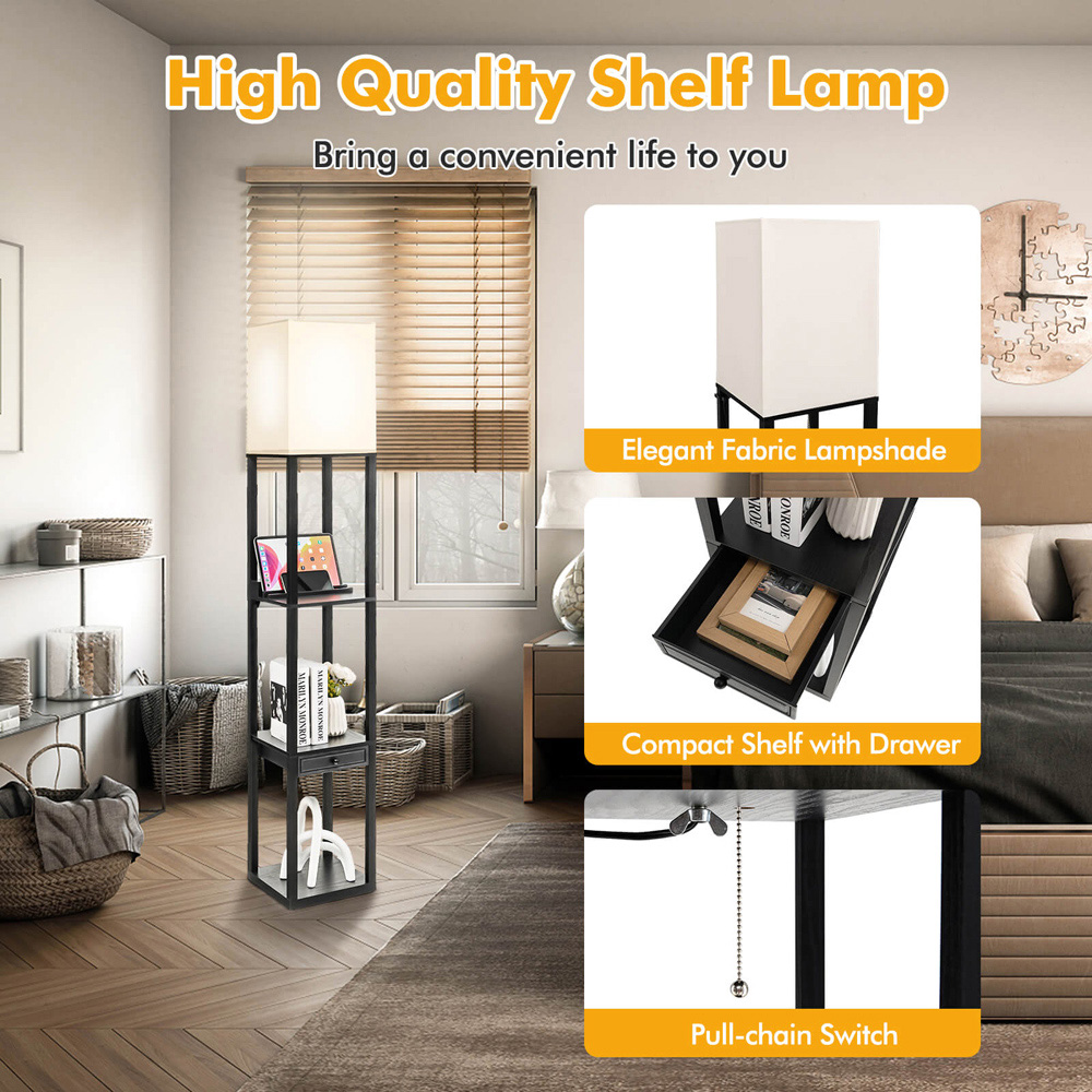 Costway Single Drawer 3 Shelf Black Storage Floor Lamp Image 5