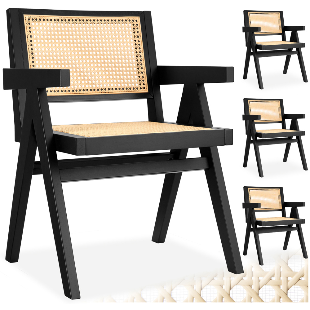 tectake Lizzy Set of 4 Black Rattan Backrest and Wood Frame Dining Chair Image 2