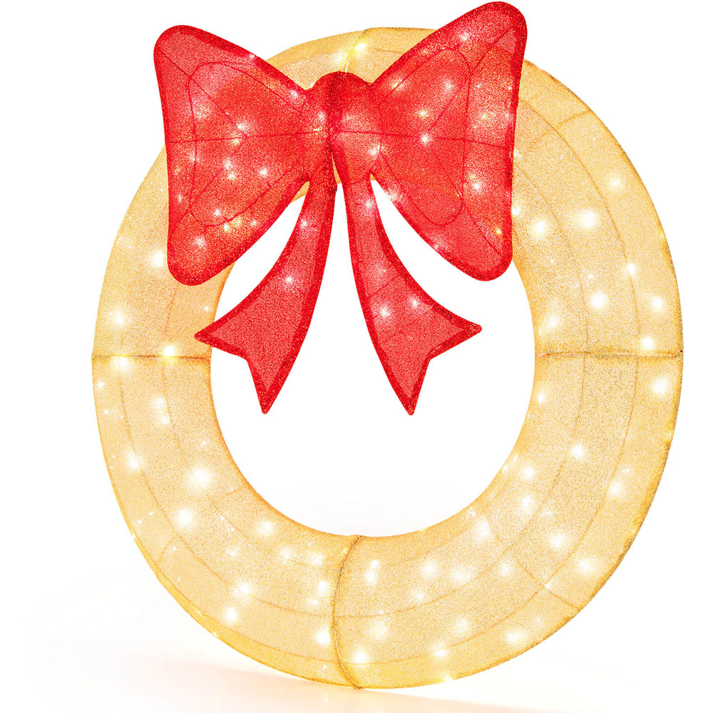 Costway 200 LED Pre-Lit Wreath with Red Bow Christmas Decoration Image 3
