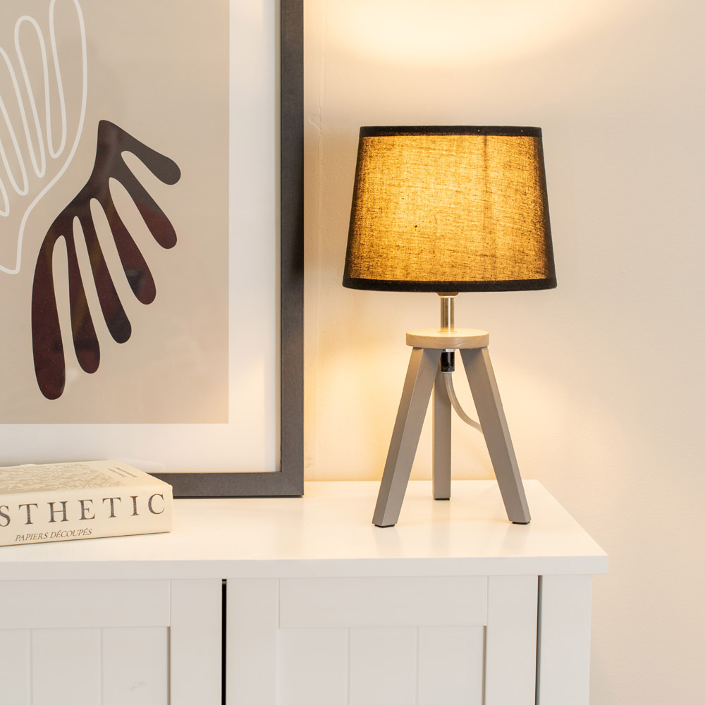 ValueLights Set of 2 Jackson Black Shade Grey Wood Tripod LED Table Lamp Image 2