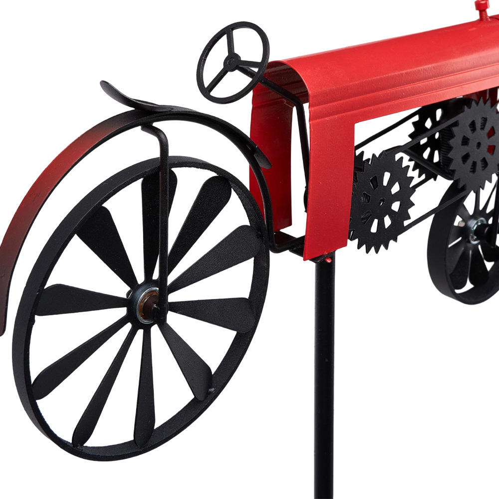 Living and Home Red Metal Tractor Wind Spinner with Rotating Wheels Image 3