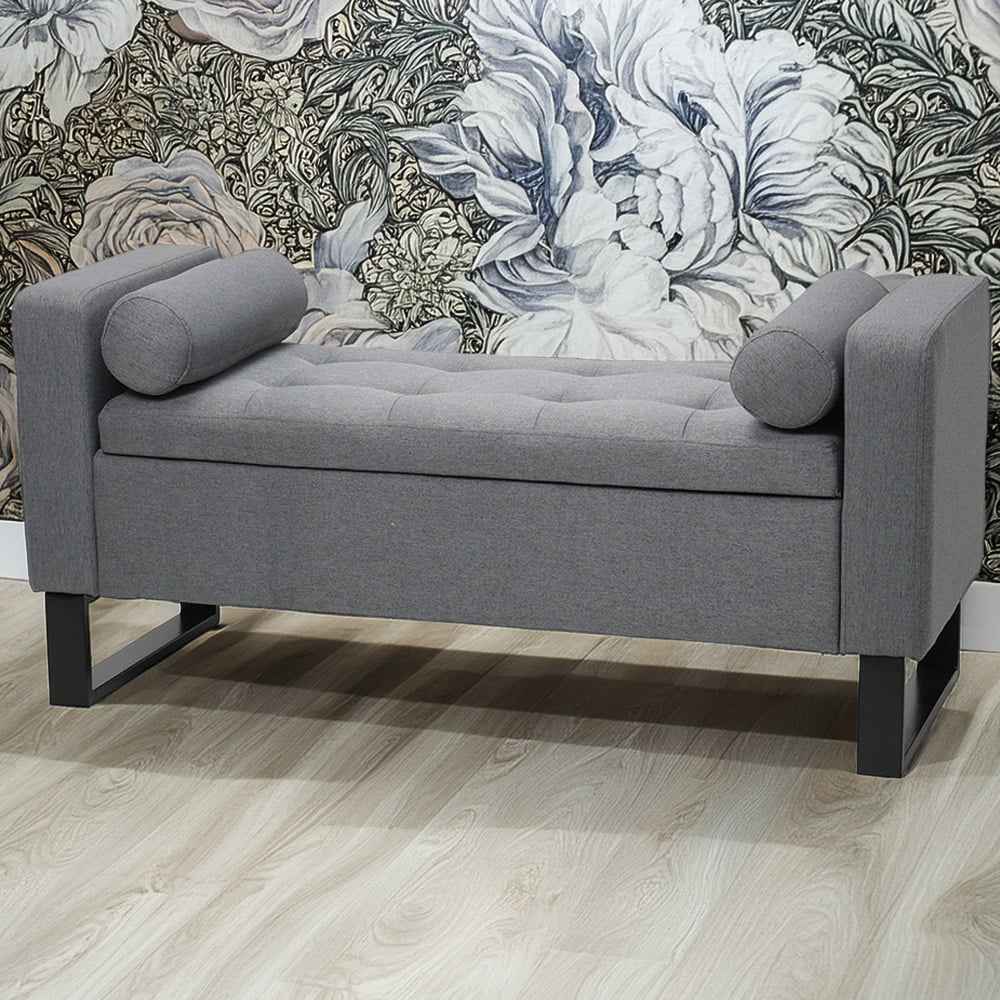 Living and Home 2 Seater Grey Linen Upholstered Storage Bench with Cushion Image 1