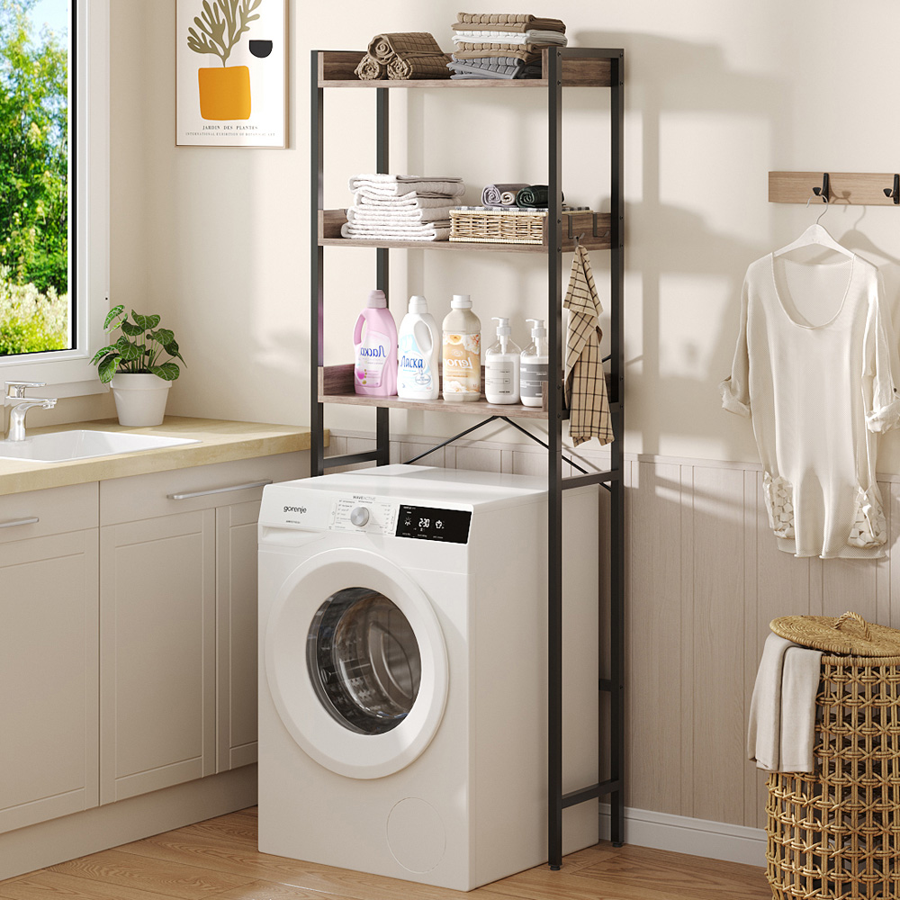 Living and Home 3 Shelf Black and Light Wood Freestanding Over the Toilet Storage Rack with Hooks Image 7
