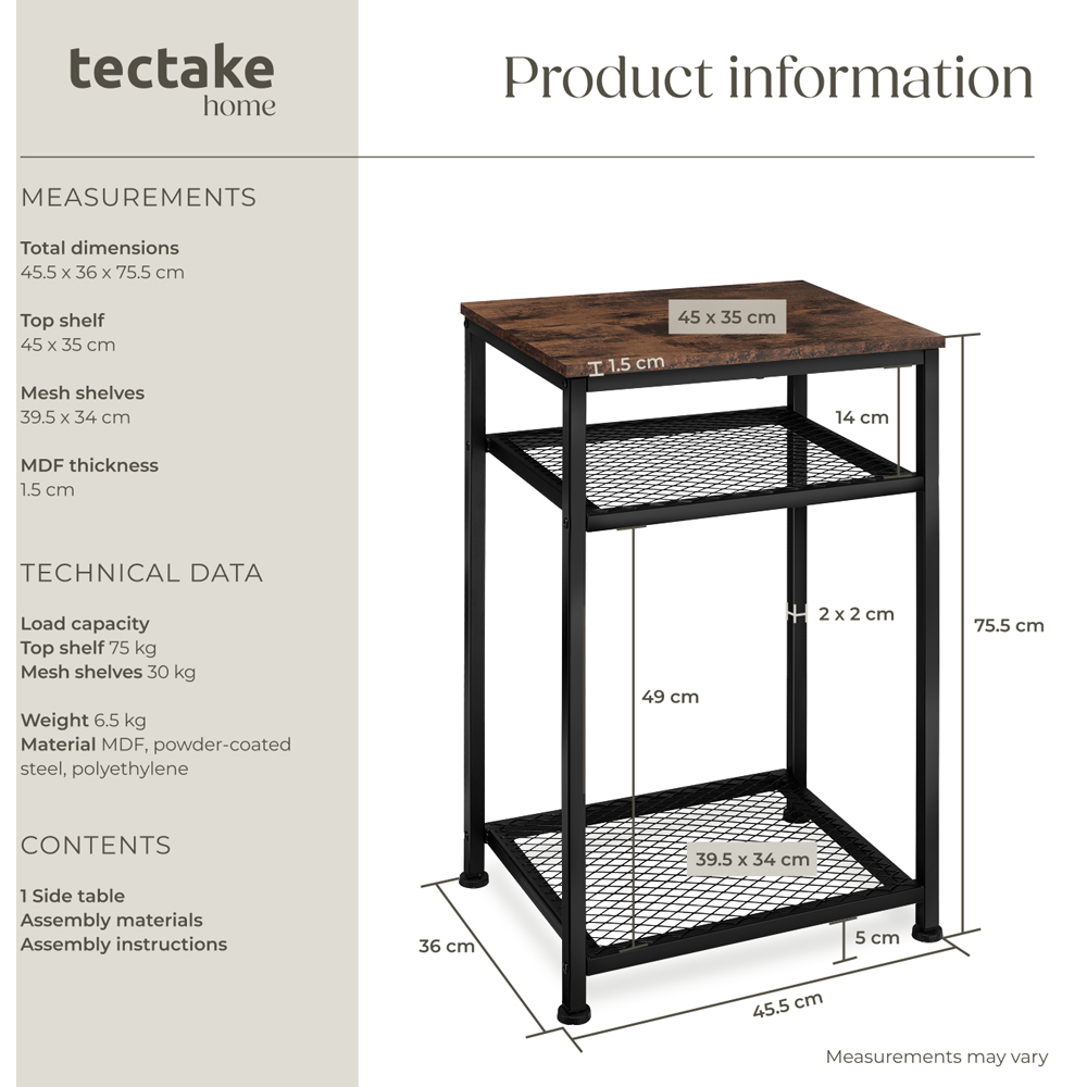 Tectake York 2 Grid Shelf Rustic Dark Wood Bedside Table Image 9