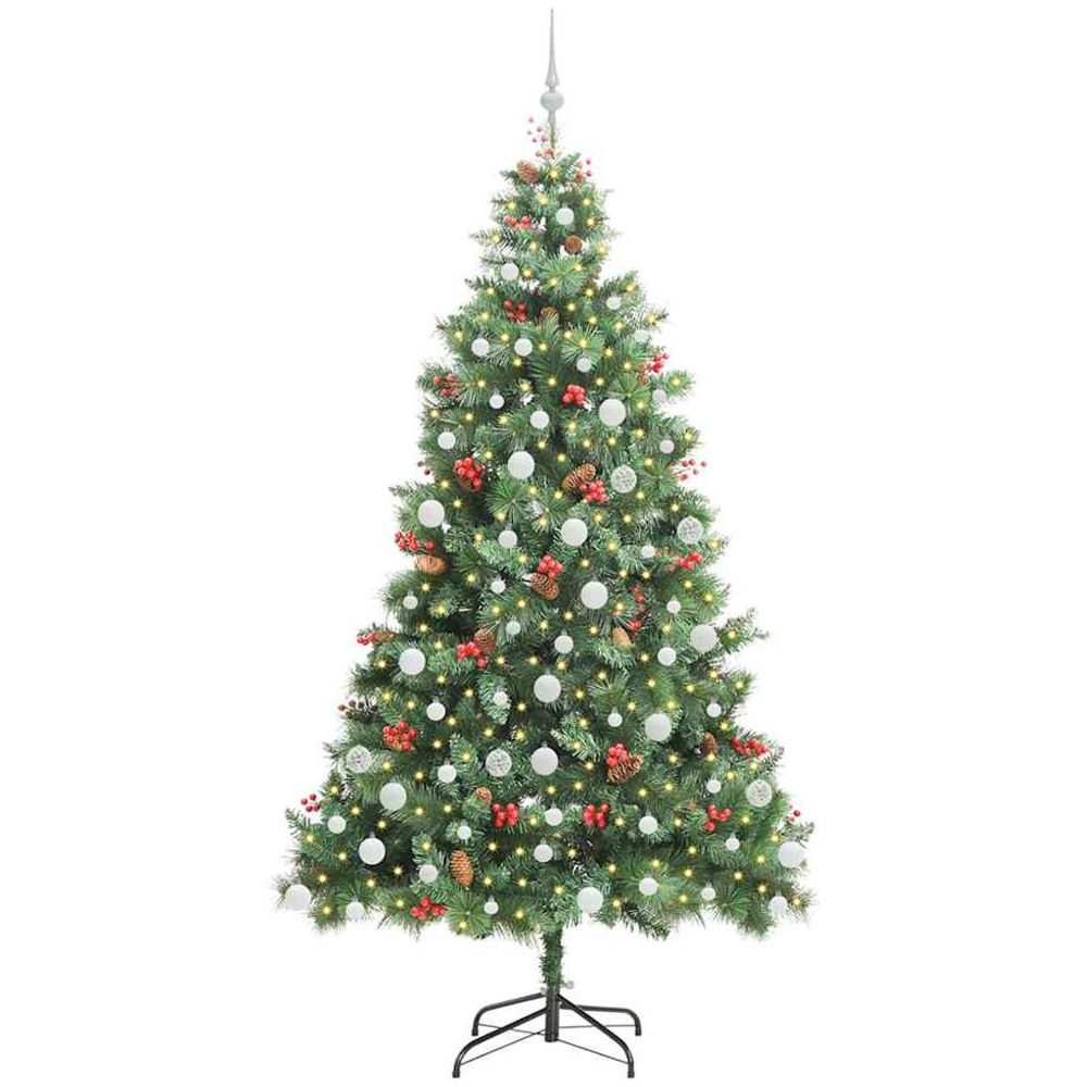 vidaXL 300 LED Pre-Lit White Baubles Green Artificial Christmas Tree 7ft Image 1