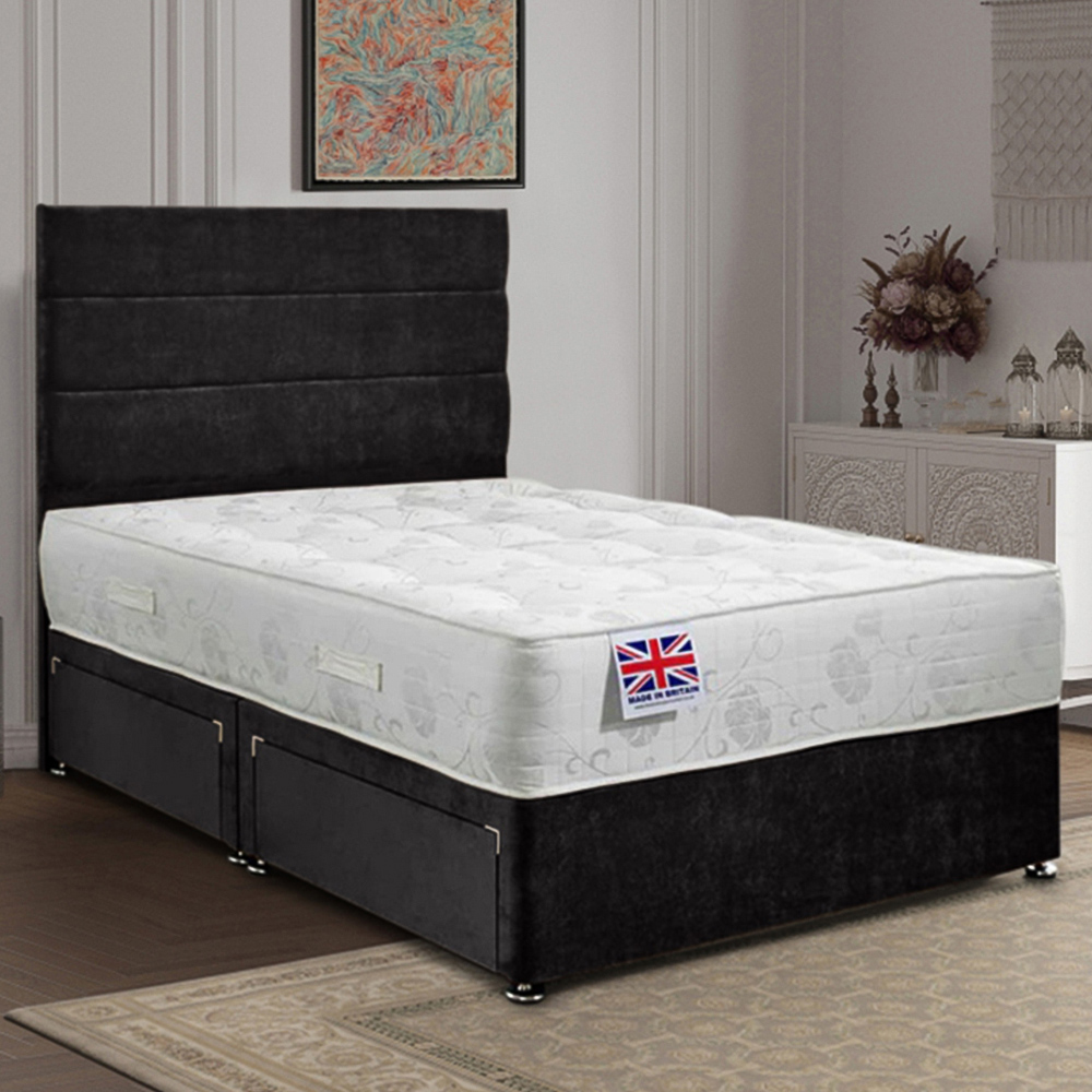 Eleganza Home Repose Double Black Plush Velvet 2 Drawer Divan Bed with Lined Headboard Image 1
