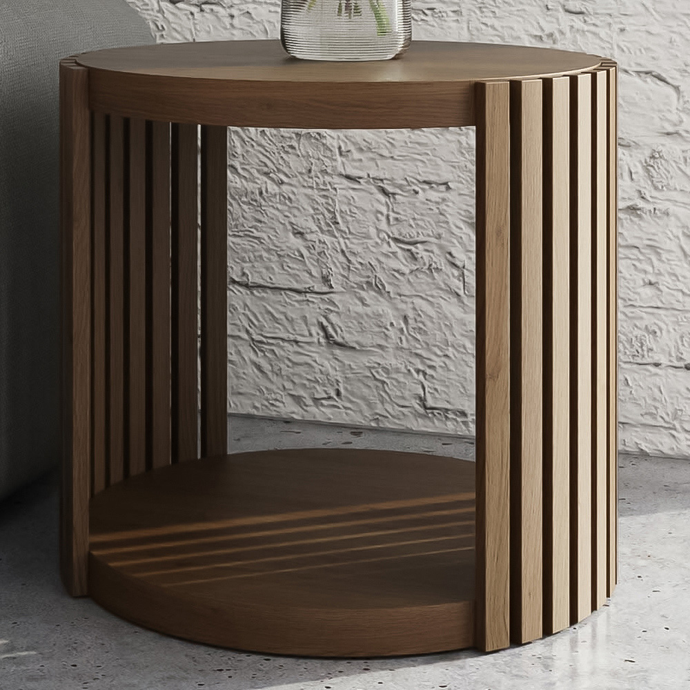 GFW Zadie Single Shelf Walnut Slatted Round Side Table Image 1
