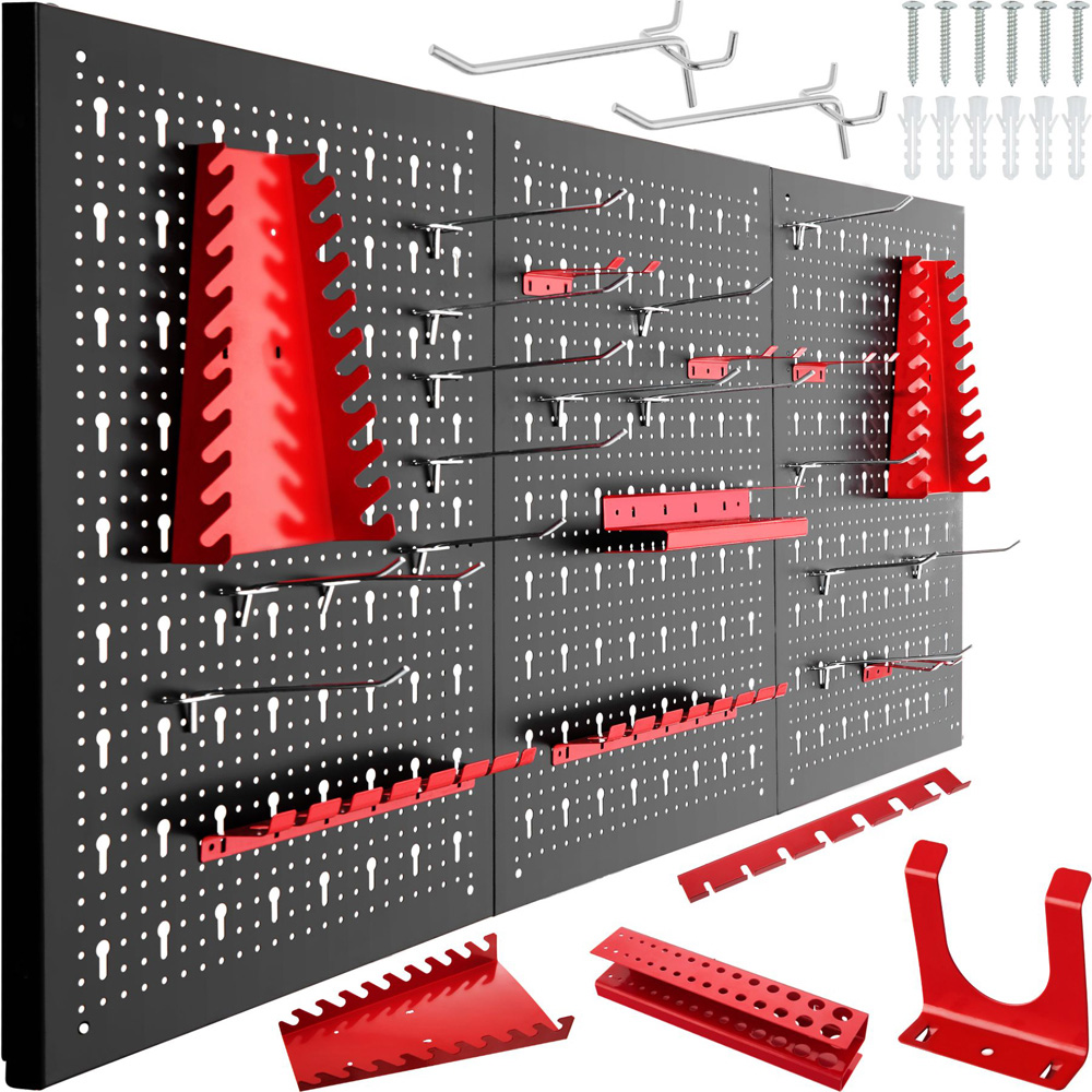 Tectake Black and Red Pegboard with 25 Hooks and Brackets Image 1