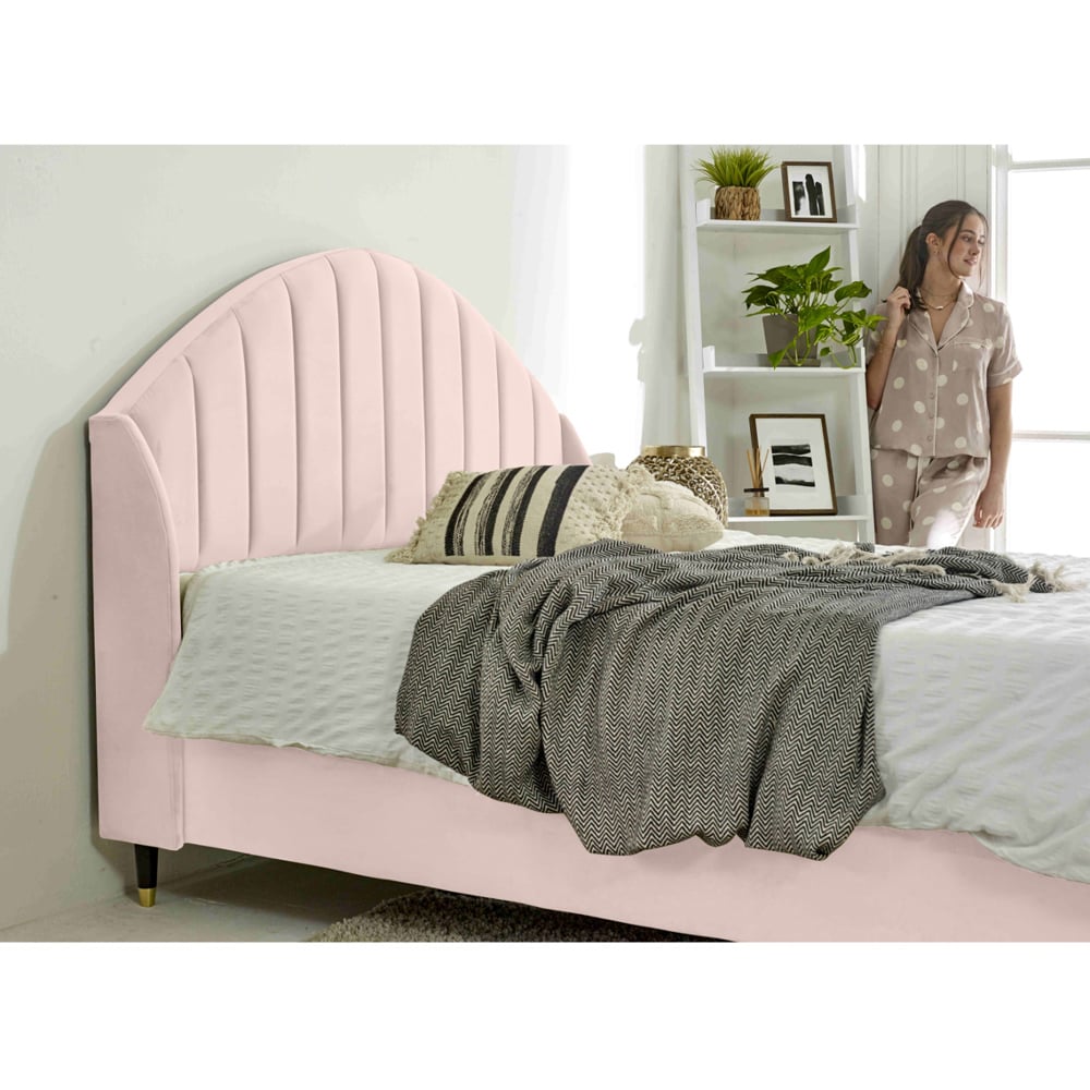 Eleganza Elysium Single Pink Plush Velvet Bed Frame with Curved Winged Headboard Image 3